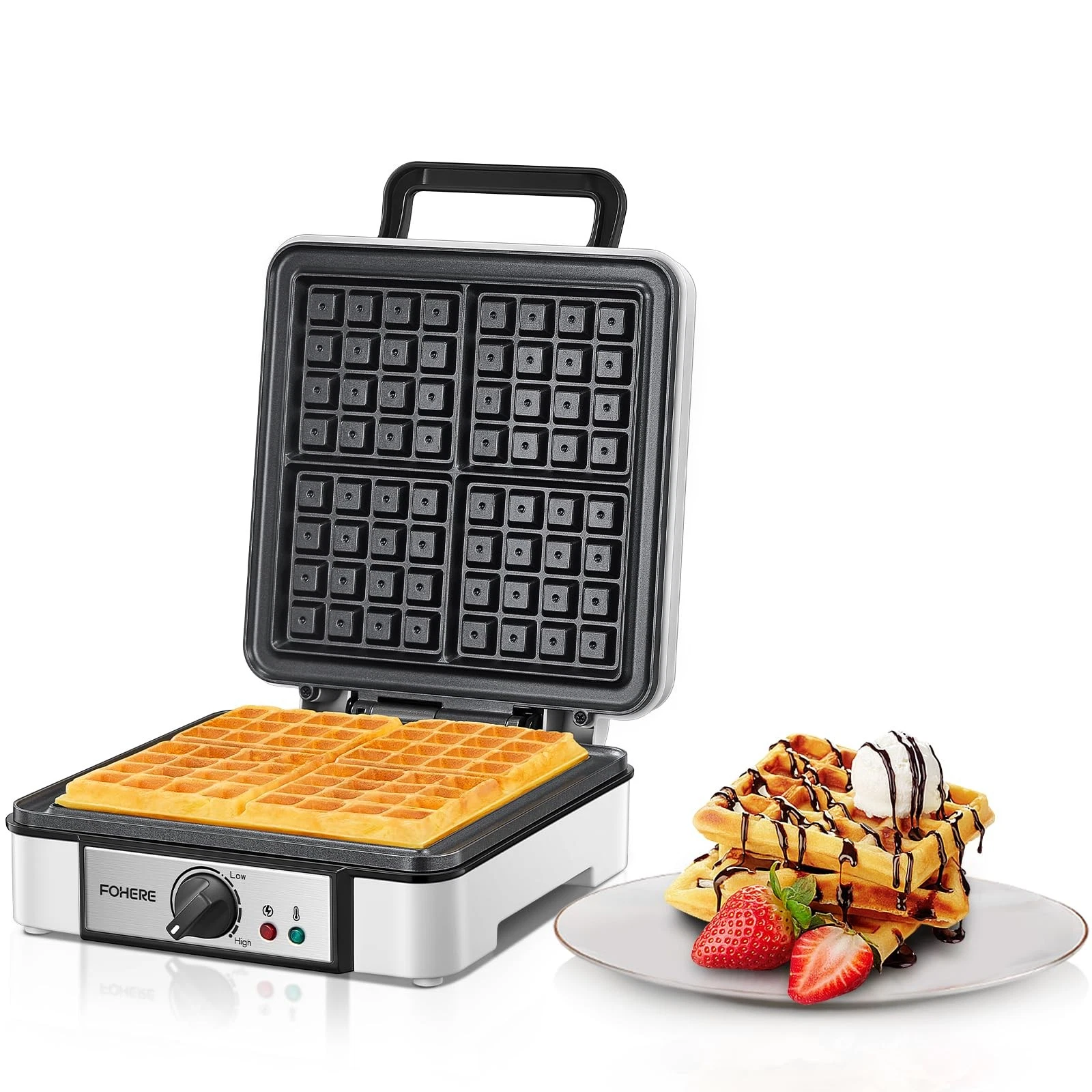 FOHERE Waffle Maker 4 Slices, 1200W Square Iron, 5 Large, White