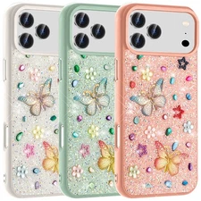 For iPhone 17 Pro Max Phone Case Butterfly Ornaments Diamond Hybrid Cover