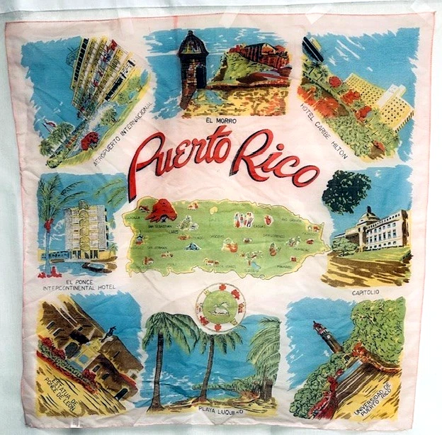 RARE VINTAGE PUERTO RICO SOUVENIR MAP PINK NYLON SCARF 1970'S - Image 4 of 4