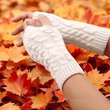 Womens Winter Half Fingerless Gloves Arm Hand Warmer Knitted Mittens White