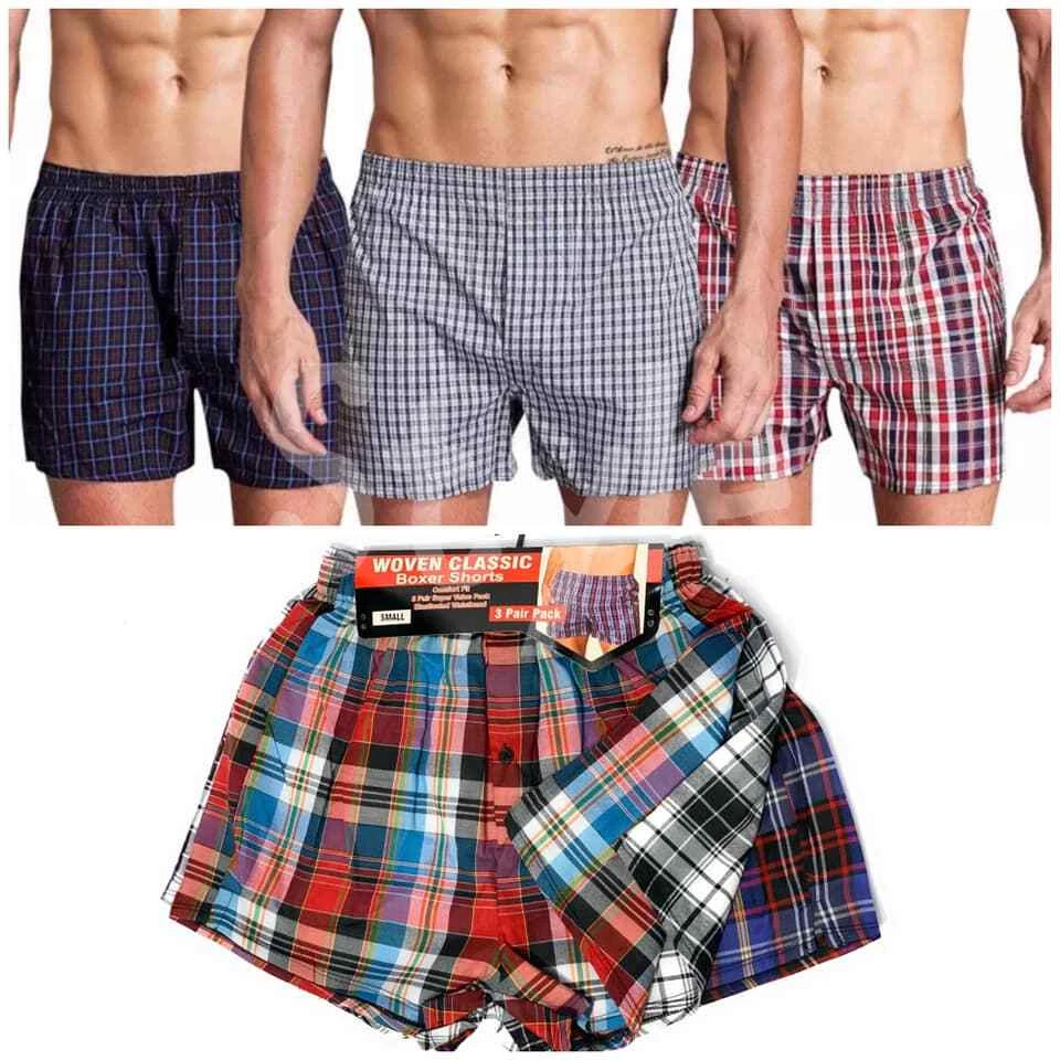 Boxer Shorts Underwear Woven Check Men's Cotton Rich Brief's Short