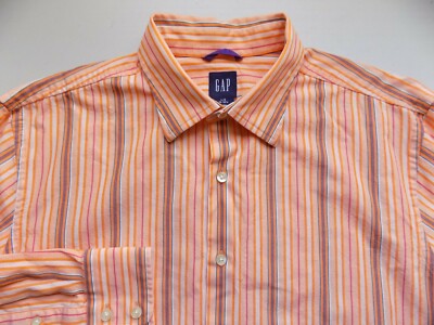 GAP Button Front ORANGE Stripe Shirt Size 16 Large Fitted Long Sleeve 