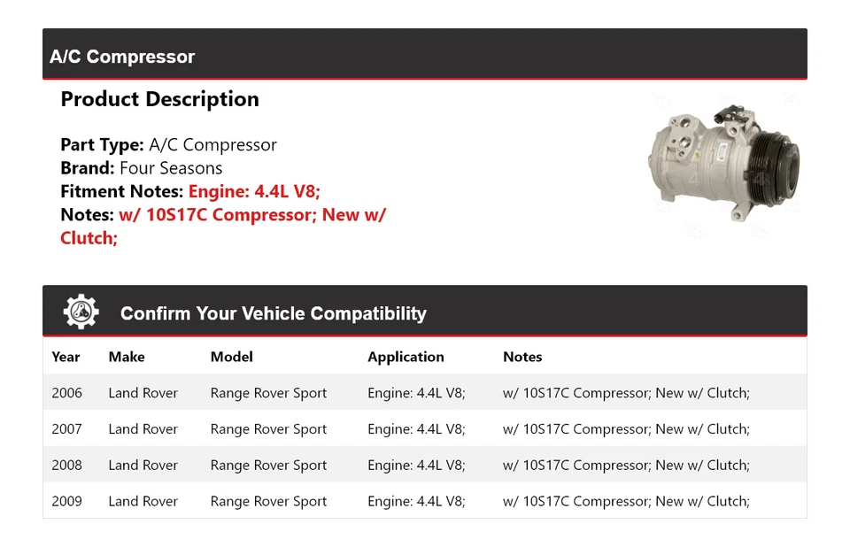 Compresor de aire acondicionado para Land Rover Range Rover Sport 2006-2009 4,4 L V8 4 estaciones 2007 Foto 2 de 4