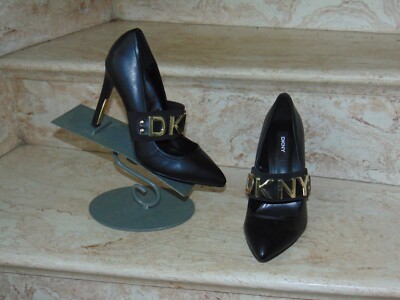 DKNY Genevieve Stiletto Black Gold Spell Out Pump Heels