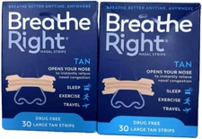 60 BREATHE RIGHT NASAL STRIPS, ORIGINAL LARGE TAN ( 2 x 30 CT BOXES ) EXP 2028