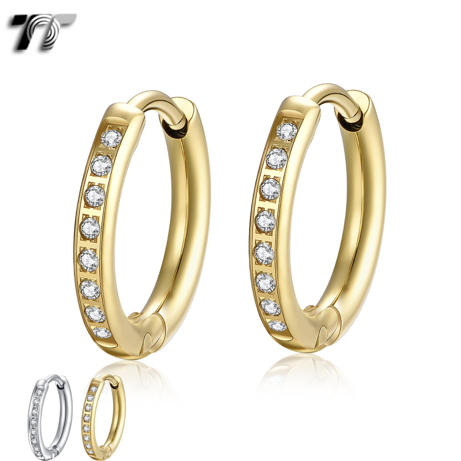 Slim TT 2mm S.Steel Inlaid CZ Round Hoop Earrings 10/12mm (EH184)2024 NEW