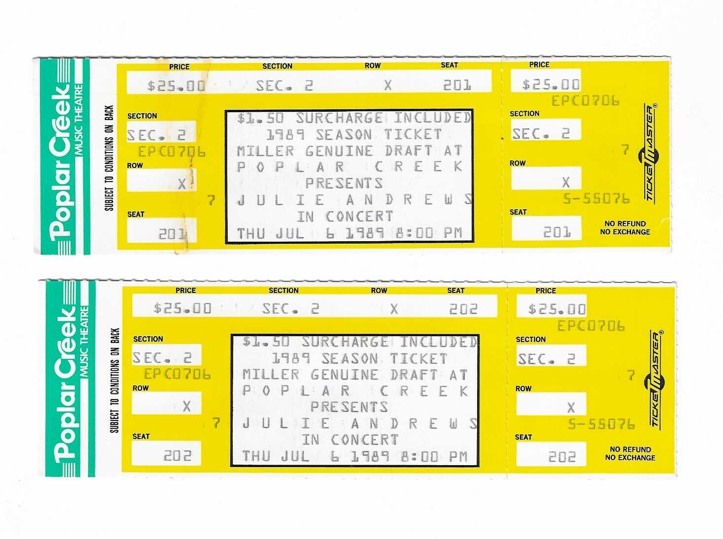 Julie Andrews Unused Concert Tickets From July 6, 1989