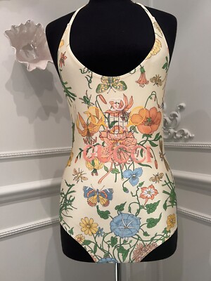 GUCCI White Multi Floral Logo Tennis Embroidered One-Piece