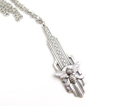Bee Pendant Necklace Art Deco Antiqued Silver Plt. Chain Honeybee Insect Gift