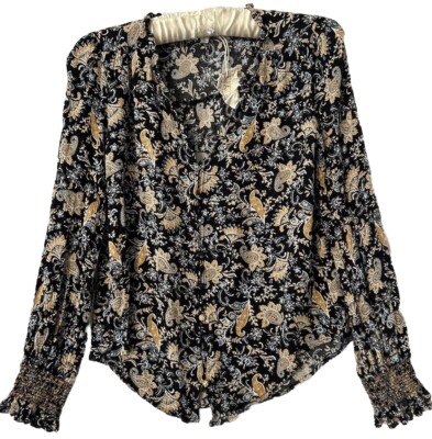 Hem & Thread Top S New Blue Boho Paisley Print Flowy Rayon Peasant Shirt Blouse