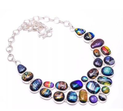 Too Sexy Rare Exotic Dichroic Glass 925 Sterling Silver Necklace 17.99''