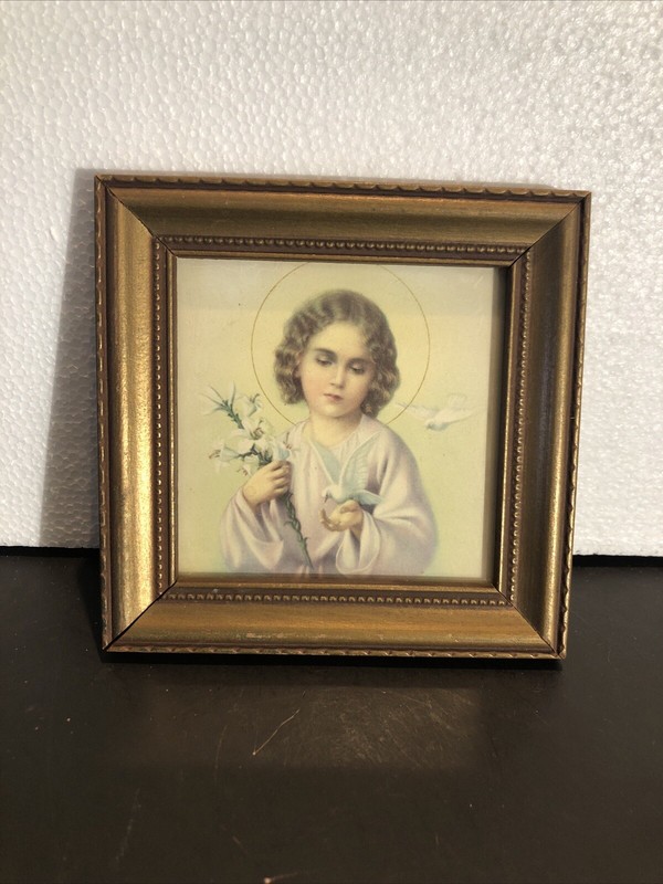 Vintage Famed Catholic Print Picture Holy Child Jesus w/ Lily and Dove 5”x5"