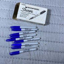 Vintage Sanford Sharpie Fine Point Permanent Markers 9 Pcs Box Blue 1970s 80s
