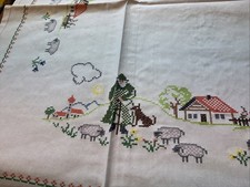 Tischdecke Sch&auml;fer Schafe Landhaus Baumwolle 80x80cm Handarbeit Kreuzstich X