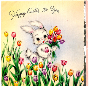 Vintage Easter Greeting Card, Easter Bunny in Tulip Field, 1945 HALLMARK