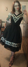 1950s 1960s Black Dress with Roses and Crinoline