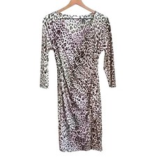 New York & Company Women Faux Wrap Dress Leopard Print Size S 3/4 Sleeve Ruched