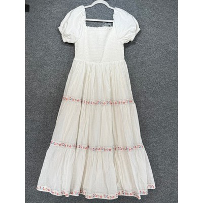 Rachel Zoe Maxi Dress Women 6 White Floral Embroidered Cottage Core Puff Slv NEW