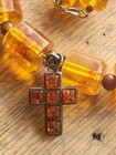 WOW Vtg Bakelite Bead Necklace Apple Juice Sterling Silver Cross Sunstone Tested — photo 2