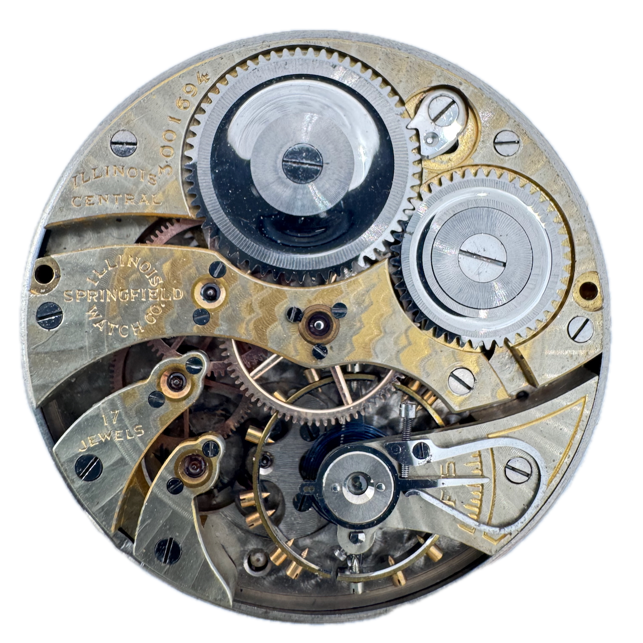 Antique 1916 Illinois Central 17J Two-Tone 12s Pocket Watch Movement 404