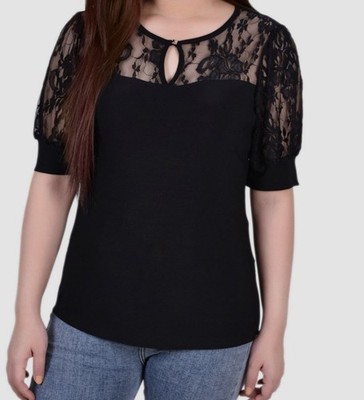NY Collection Women's Black Puff Sleeve Lace Top Petite Size PM