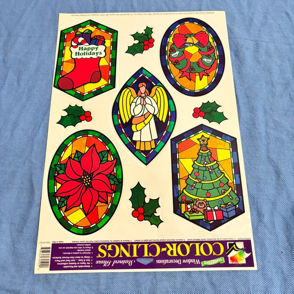 Vtg Clings Window Christmas Decorations Stained Glass Style Religious Angels - Image 4 of 4