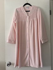 Miss Elaine Pink Snap Up Embroidered Smocked Fleece Robe House Coat Long Sleeve