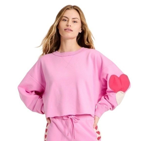 JoyLab Patchwork Hearts Sleeve Cropped Sweatshirt… - image 1