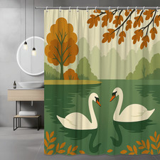Swan Lake Shower Curtain Autumn Trees Green Water Print