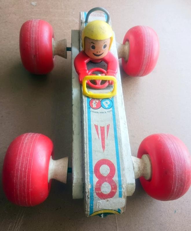 Vintage 1960's Fisher Price BOUNCY RACER #8 Wood PULL TOY