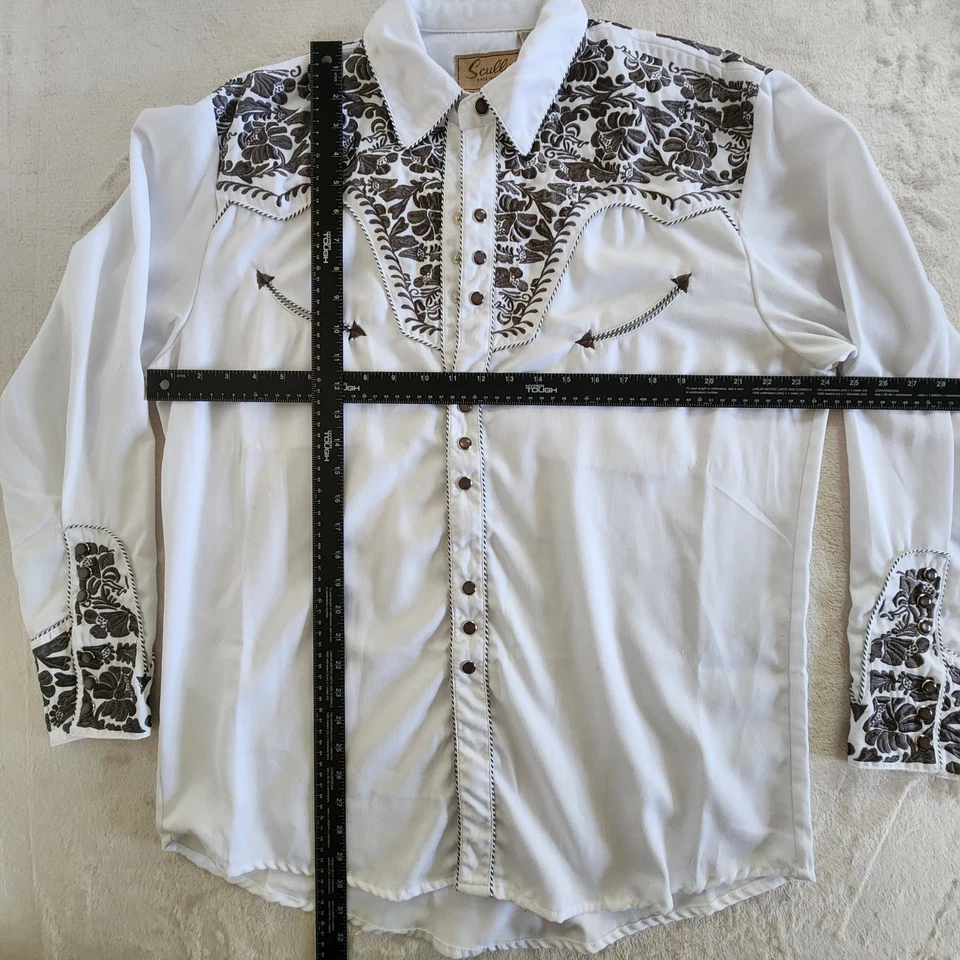 Рубашка мужская Scully L белая серебристая с цветочной вышивкой жемчуг застежка вестерн винтаж - Изображение 2 из 4