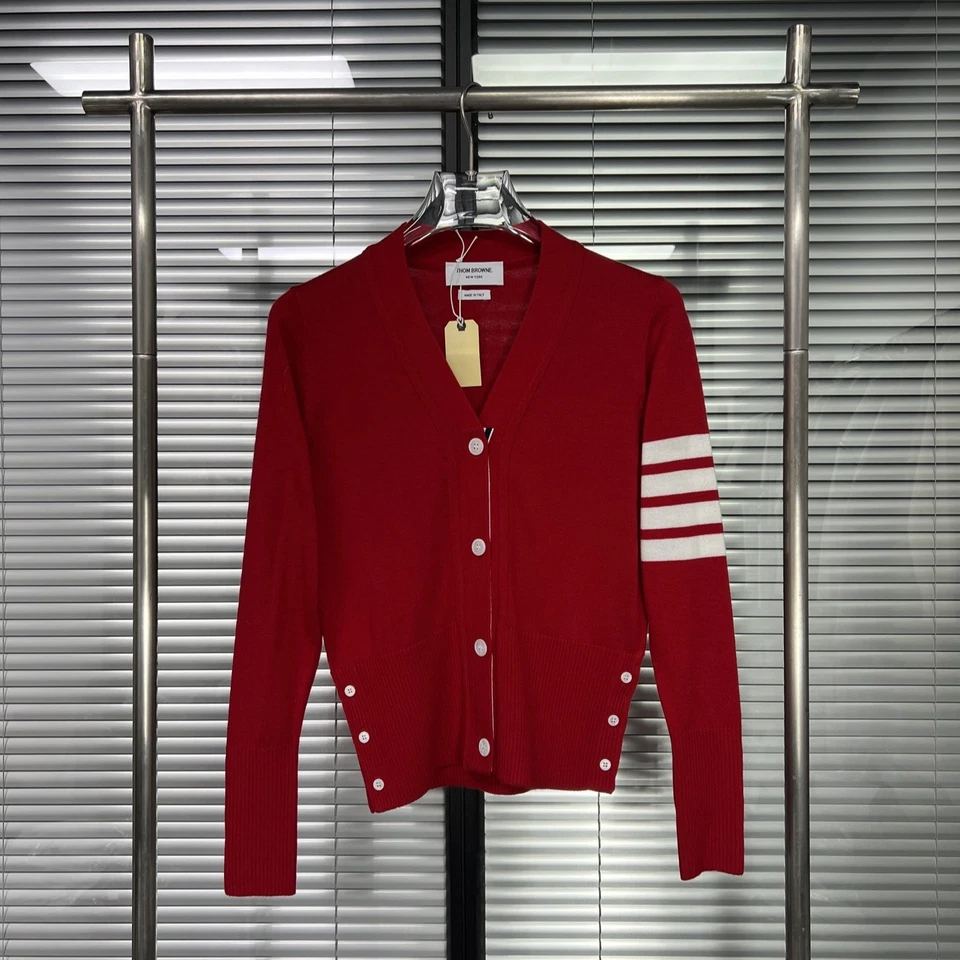 Nuevo cárdigan de lana con cuello en V Thom Browne clásico a rayas primavera/otoño para hombre/mujer Foto 4 de 4