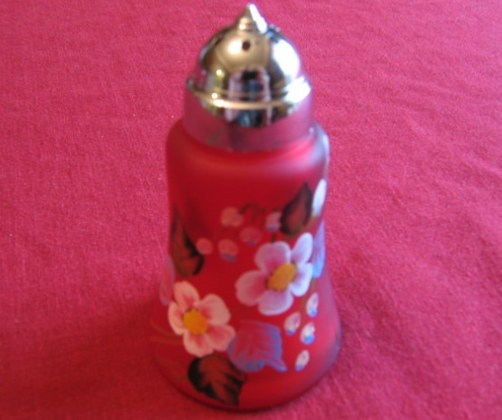 Lovely Red Victorian Glass Salt Shaker with Handpainted Flowers Design, Fenton ?