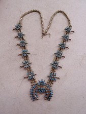 Vintage American Indian Navajo Sterling Silver Turquoise Squash Blossom Necklace