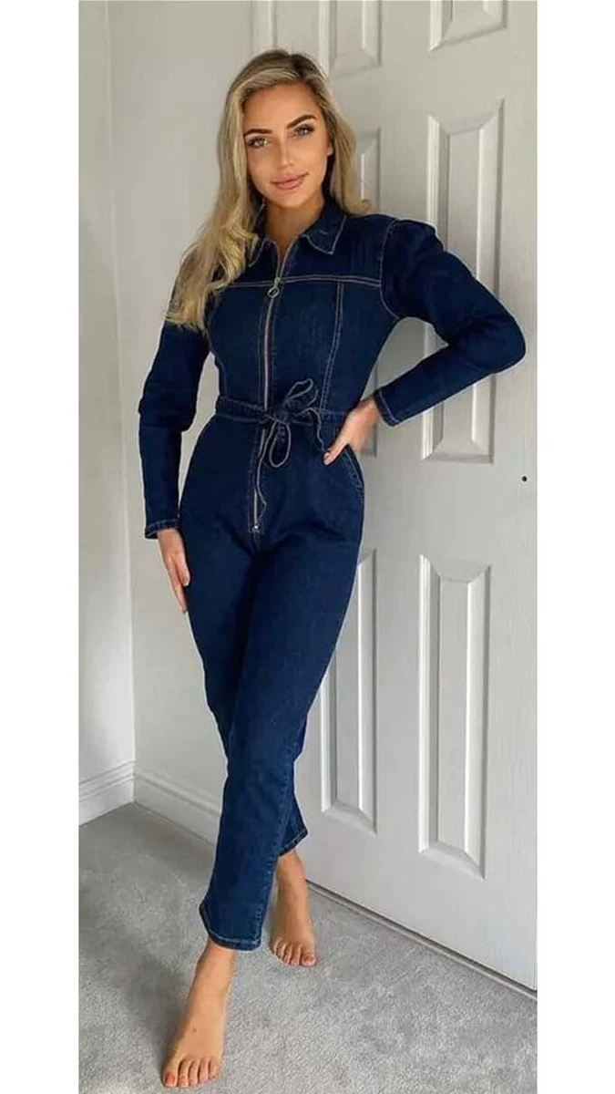 Womens Denim Jumpsuit Overalls Zip Front Collared all in one one piece Size  8-14