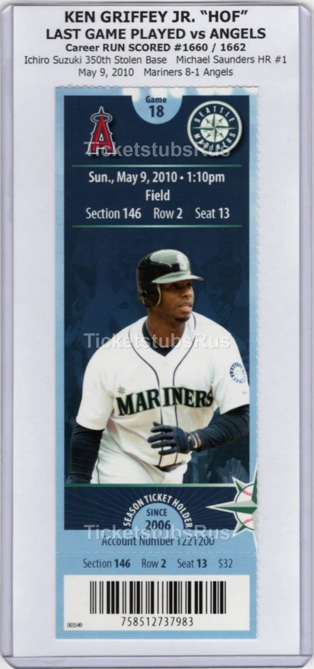 Ken Griffey Jr LAST GAME vs ANGELS Mariners 5/9/2010 MINT Ticket ICHIRO 350th SB - Image 3 of 4
