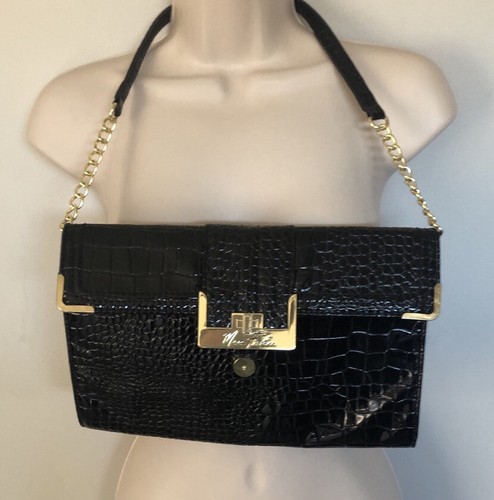 Marc Fisher Shoulder Bag Handbag Purse Black Faux Crocodile Print Gold Snap - Picture 2 of 10