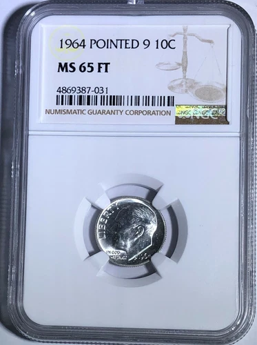 1964 P NGC MS65 FT Silver Roosevelt Dime Pointed 9 10c 90% Silver Full Torch