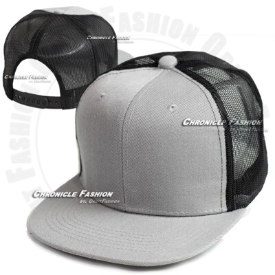 Mens Flat Bill Trucker Hat Mesh Back Snapback 6 Panel Hip Hop Plain Baseball Cap