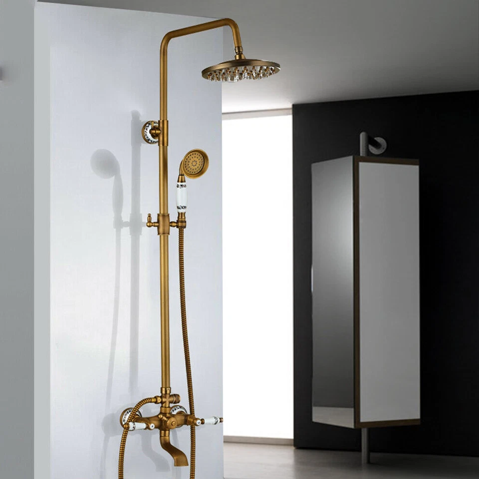 Antique Brass 8"Rainfall Shower Faucet System Set Mixer Fixture Exposed Tap - Image 2 of 4