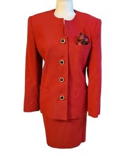 Vintage Kasper ASL Petite Women 2PC Red 100 Wool Skirt Suit Size 14P