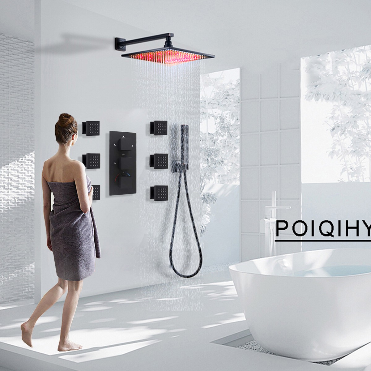 Thermostatic LED Rainfall Shower System Brass Massage Shower Body Jets Black Set