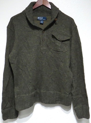 vtg Polo Ralph Lauren ARMY GREEN Wool Shawl Collar Sweater Men MED Leather Elbow