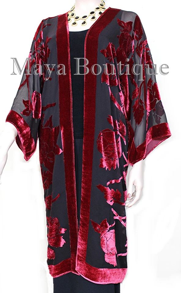 Red Long Kimono Jacket Silk Burnout Velvet No Fringe Maya Matazaro Hand Dyed USA - Image 3 of 4