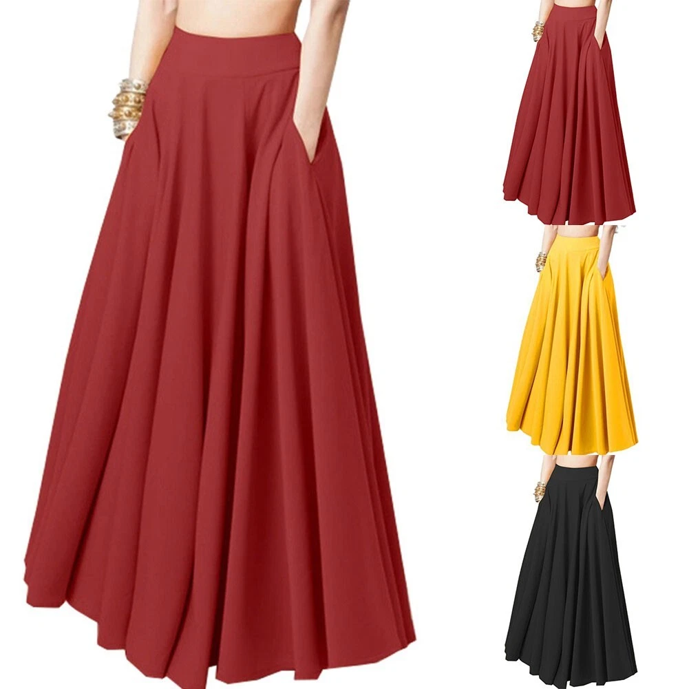 Black Pleated Skirt for Women High Waist Aline Long Skirt with Pockets