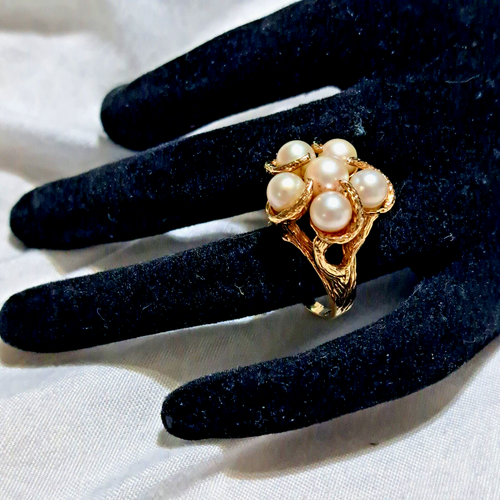 Vintage IPS natürliche Perlen Cluster 14k Gelbgold Größe 5 1/2 Cocktail Ring
