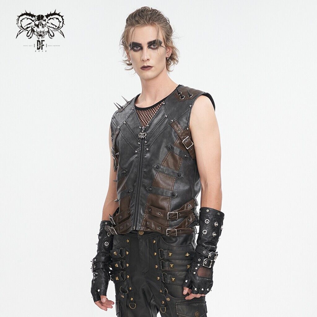 Devil Fashion Men Black Red Goth Punk Spiked Faux Leather Vest Zip
