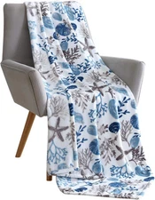 Coastal Ocean Beach Throw Blanket: Soft Plush Velvet 50" x 70", Blue,white 