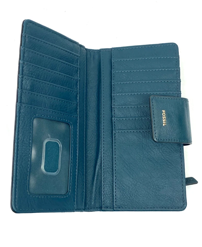 FOSSIL Mujer Cartera Doble Plegable Portatarjetas Monedero Cuero Guijarro Bosque Verde Foto 4 de 4