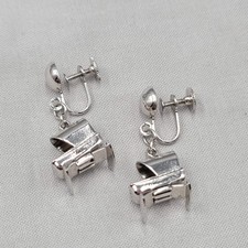Vintage Baby Carriage Pram Charm Clip on Earrings Silver tone Dangle 1"